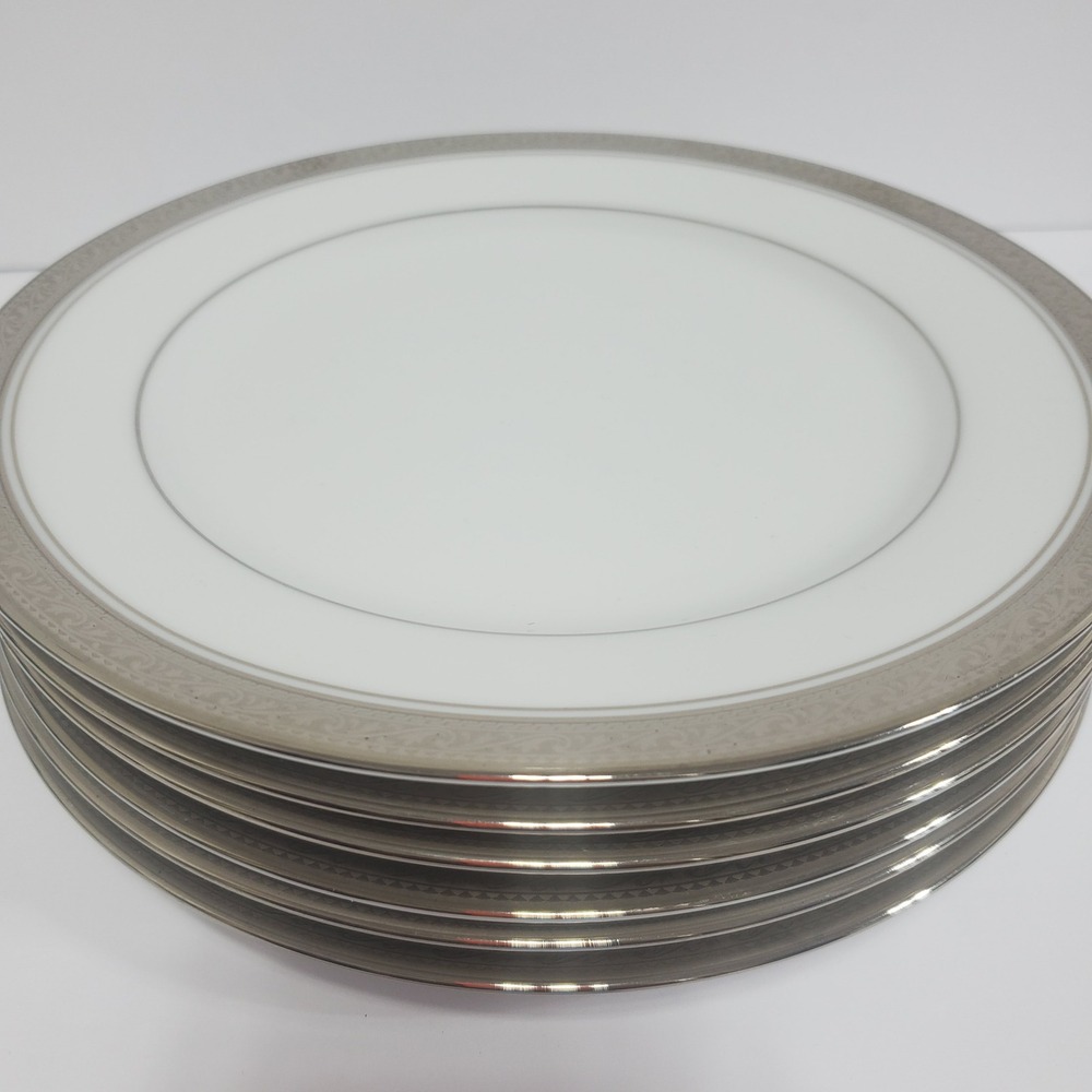 Noritake Crestwood Platinum Salad Plates Set of 6 White Silver‎ 8.25"